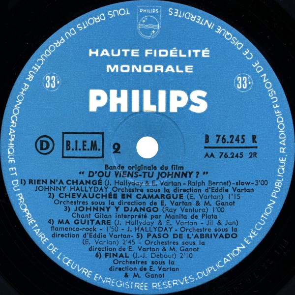 LP 25 cm D'o viens-tu Johnny?  Philips B 76 245 R