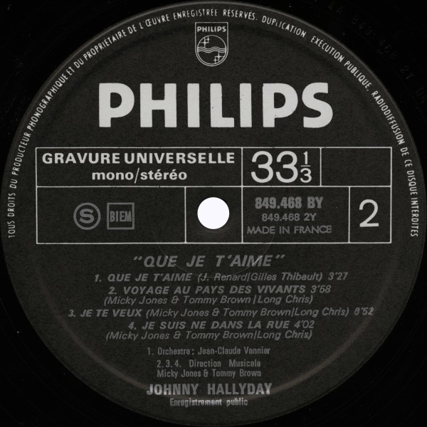 LP Que je t'aime (Palais des Sports 1969)  Philips 849 468 BY