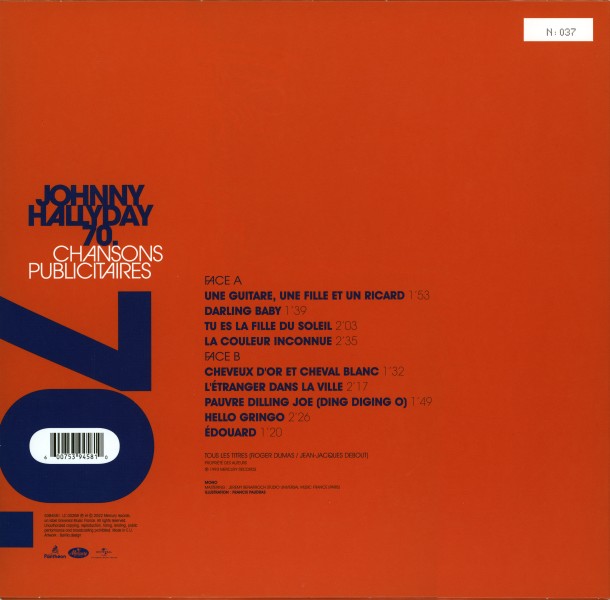 LP 25 cm  Johnny Hallyday 70 Chansons publicitaires  Universal 5394 581