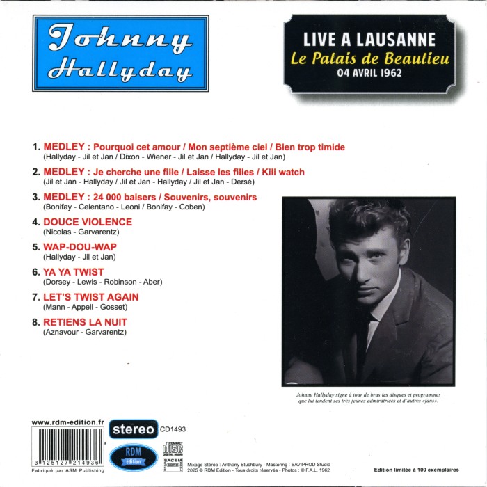 CD Live  Lausanne Palais de Beaulieu 04 avril 1962 RDM Edition CD 1493